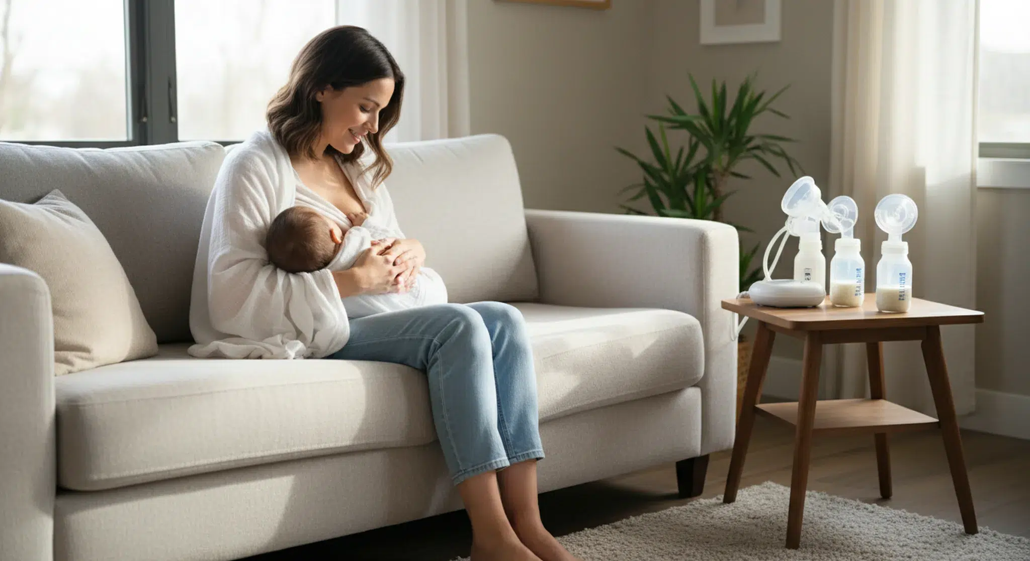 Triple Feeding | Betteroo Mother nursing her baby with a breast pump and bottles nearby, illustrating a triple feeding routine