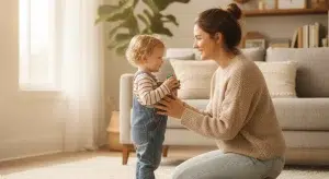 Mother kneeling to talk warmly with her toddler at eye level