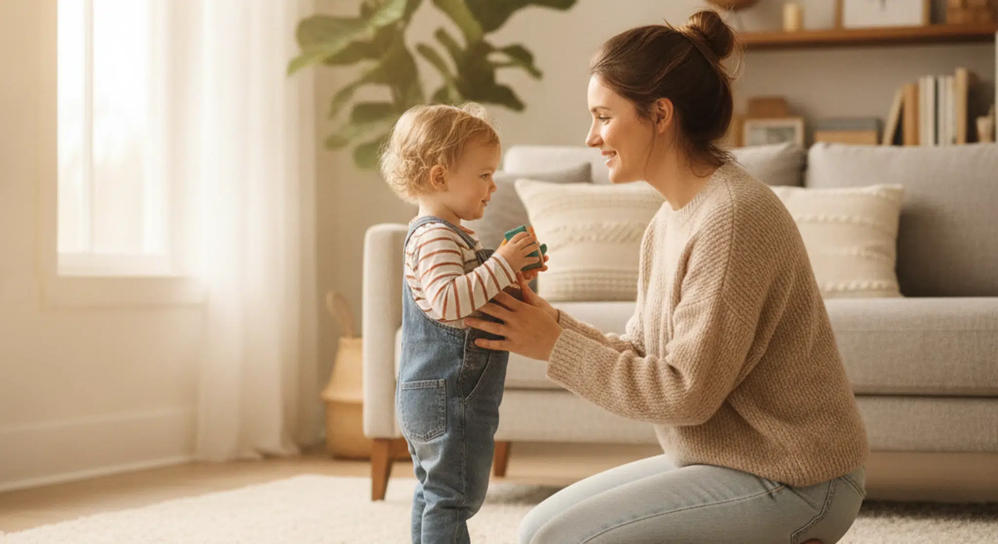 Mother kneeling to talk warmly with her toddler at eye level