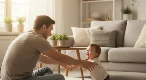 Parent kneeling on the floor and reaching out to reconnect with a smiling young child