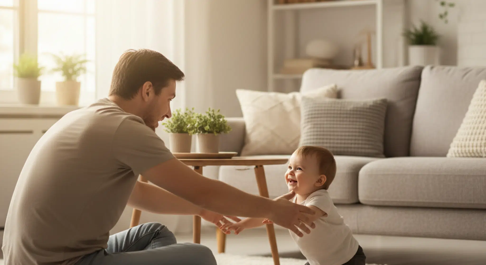 Parent kneeling on the floor and reaching out to reconnect with a smiling young child