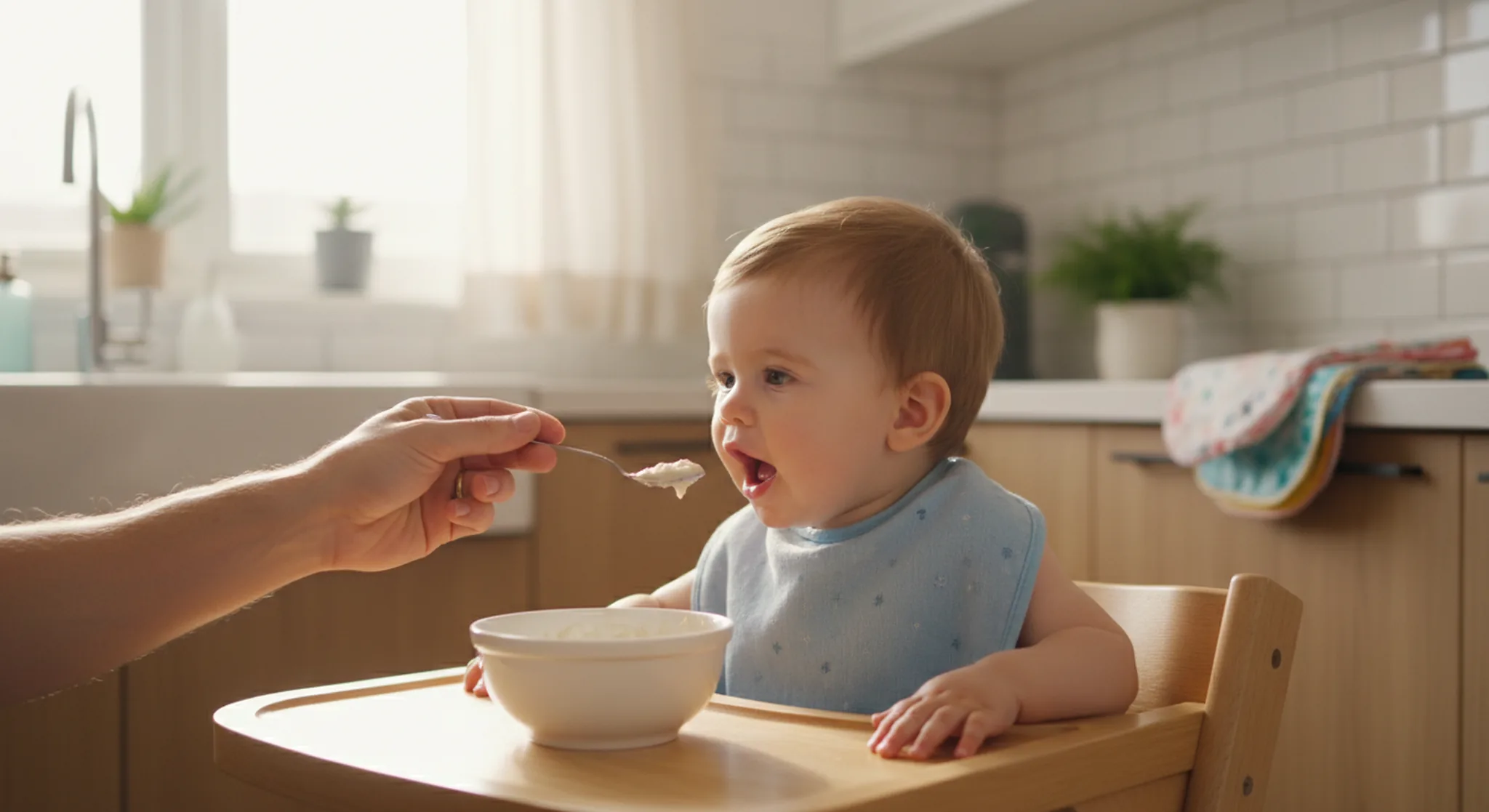 Baby in a high chair being offered a spoonful of infant cereal