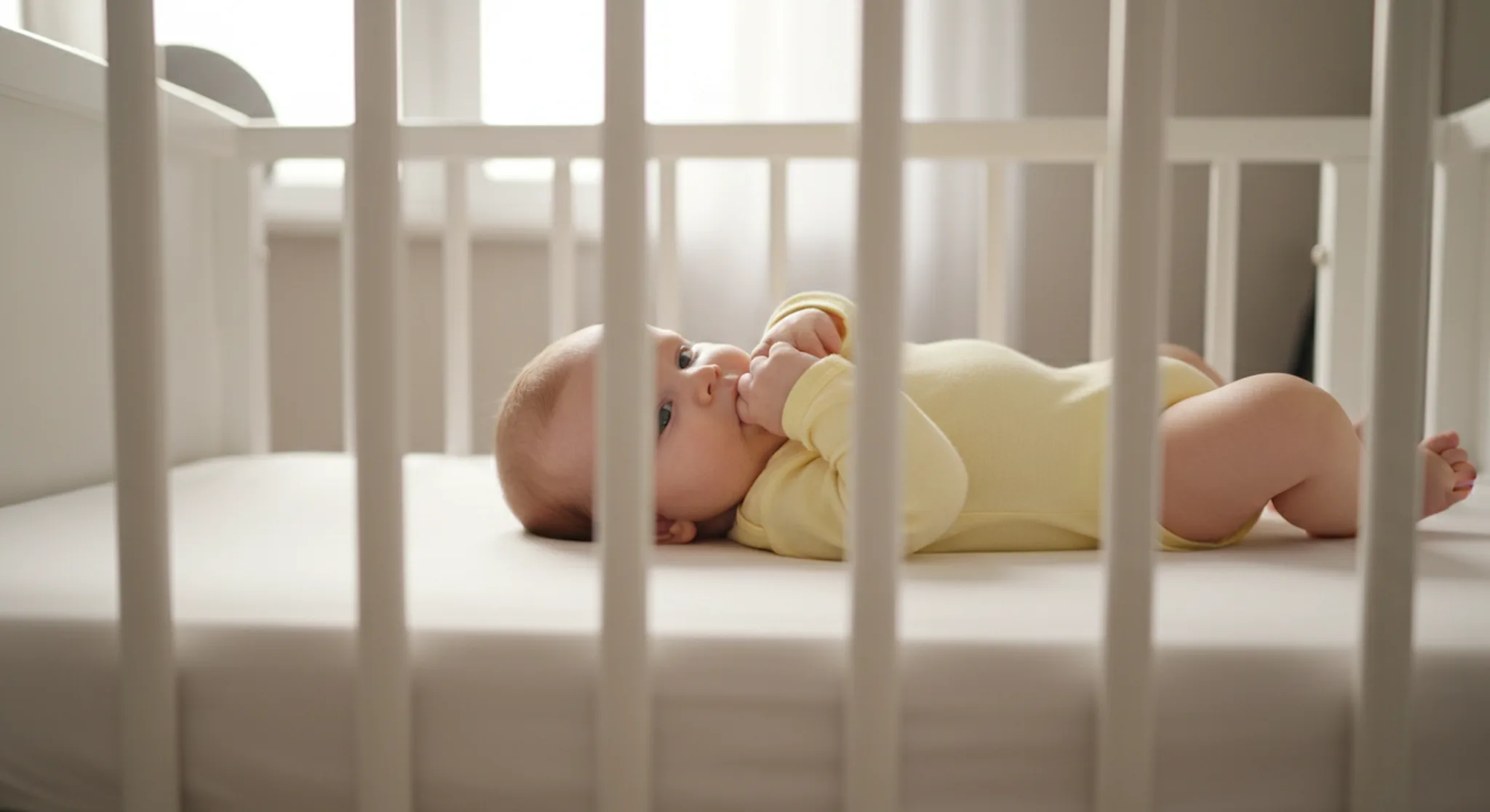 Baby lying on its back in a bare crib gently sucking on its hand
