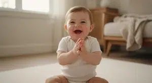 Smiling baby sitting up and clapping their hands together in a bright living room