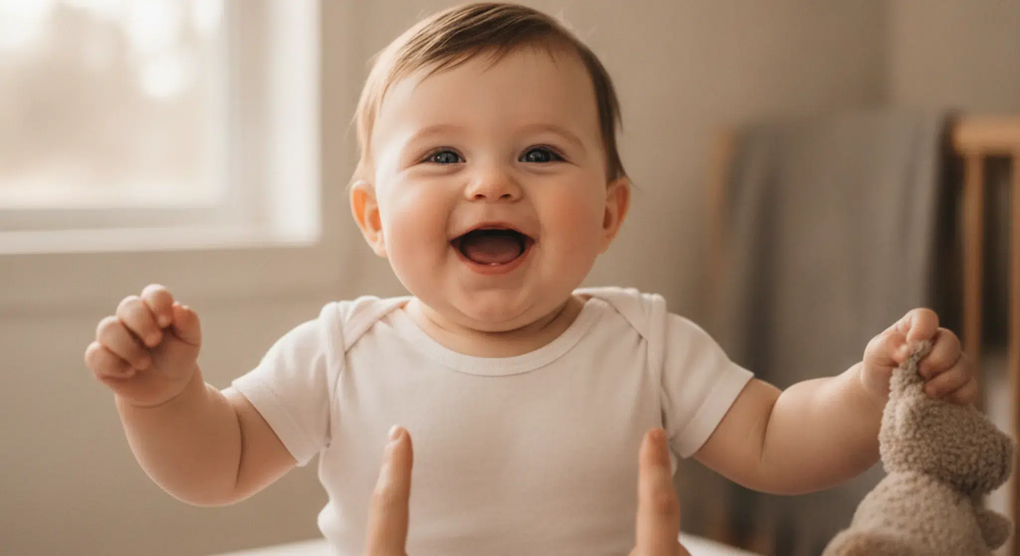 Smiling baby with arms raised, sitting indoors in a white onesie, cheerful and playful