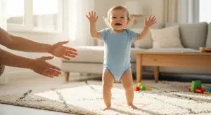 Smiling baby taking first steps across a living room floor toward a parent's outstretched hands