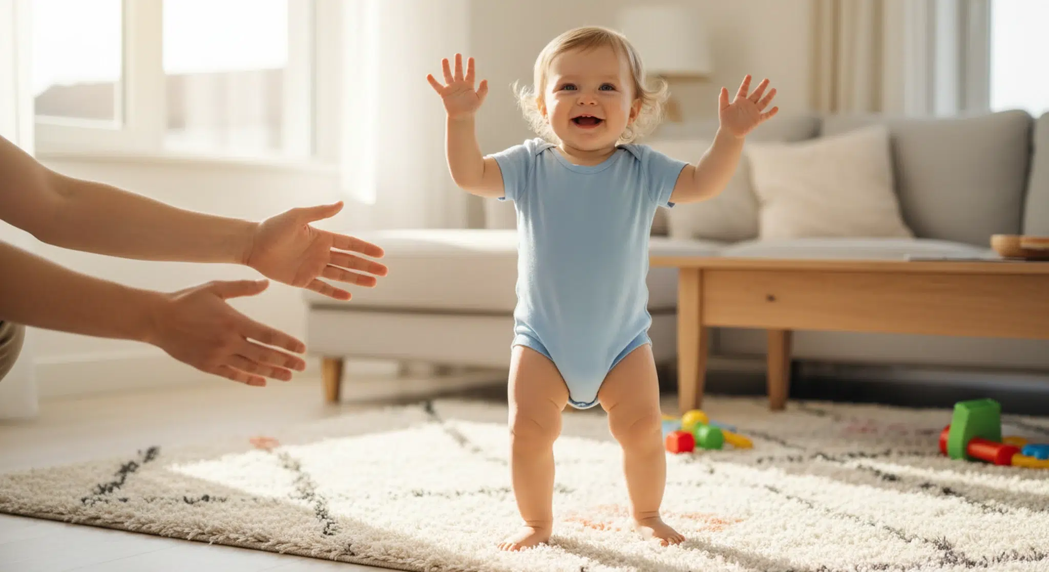 Smiling baby taking first steps across a living room floor toward a parent's outstretched hands