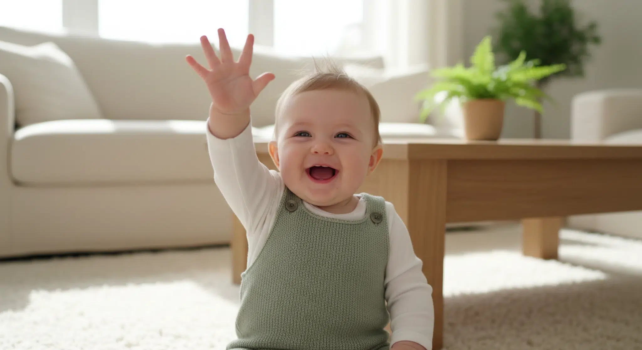 Baby sitting up in a bright living room with one hand raised in a wave