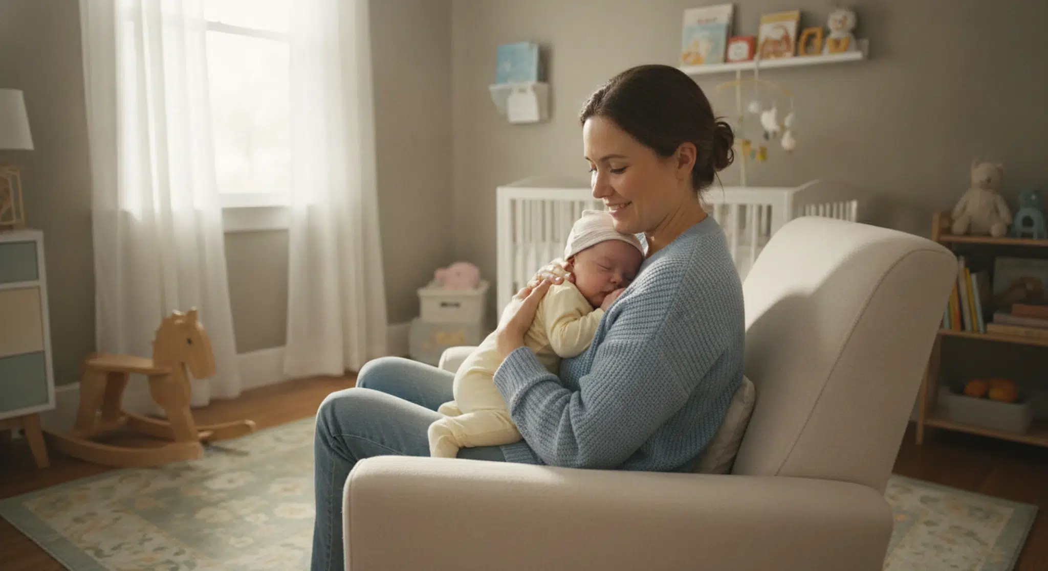 Parent gently burping a content baby against the shoulder in a calm sunlit nursery