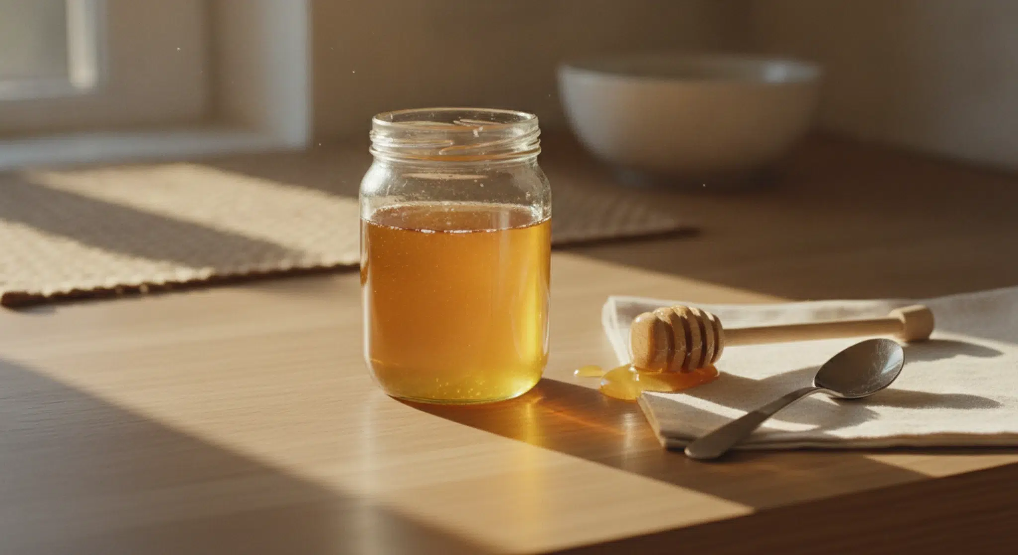 Why Cant Babies Have Honey Botulism Risk and when It is Safe | Betteroo Jar of honey with a wooden dipper next to a baby spoon on a kitchen counter, warm natural light