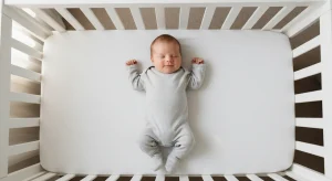 Sleeping newborn smiling gently while lying on its back in a bare crib, illustrating why babies smile in their sleep