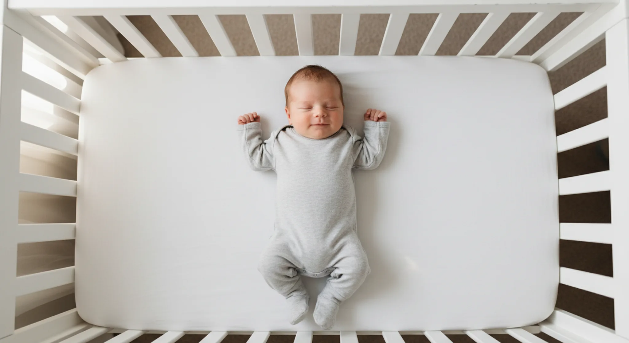 Sleeping newborn smiling gently while lying on its back in a bare crib, illustrating why babies smile in their sleep