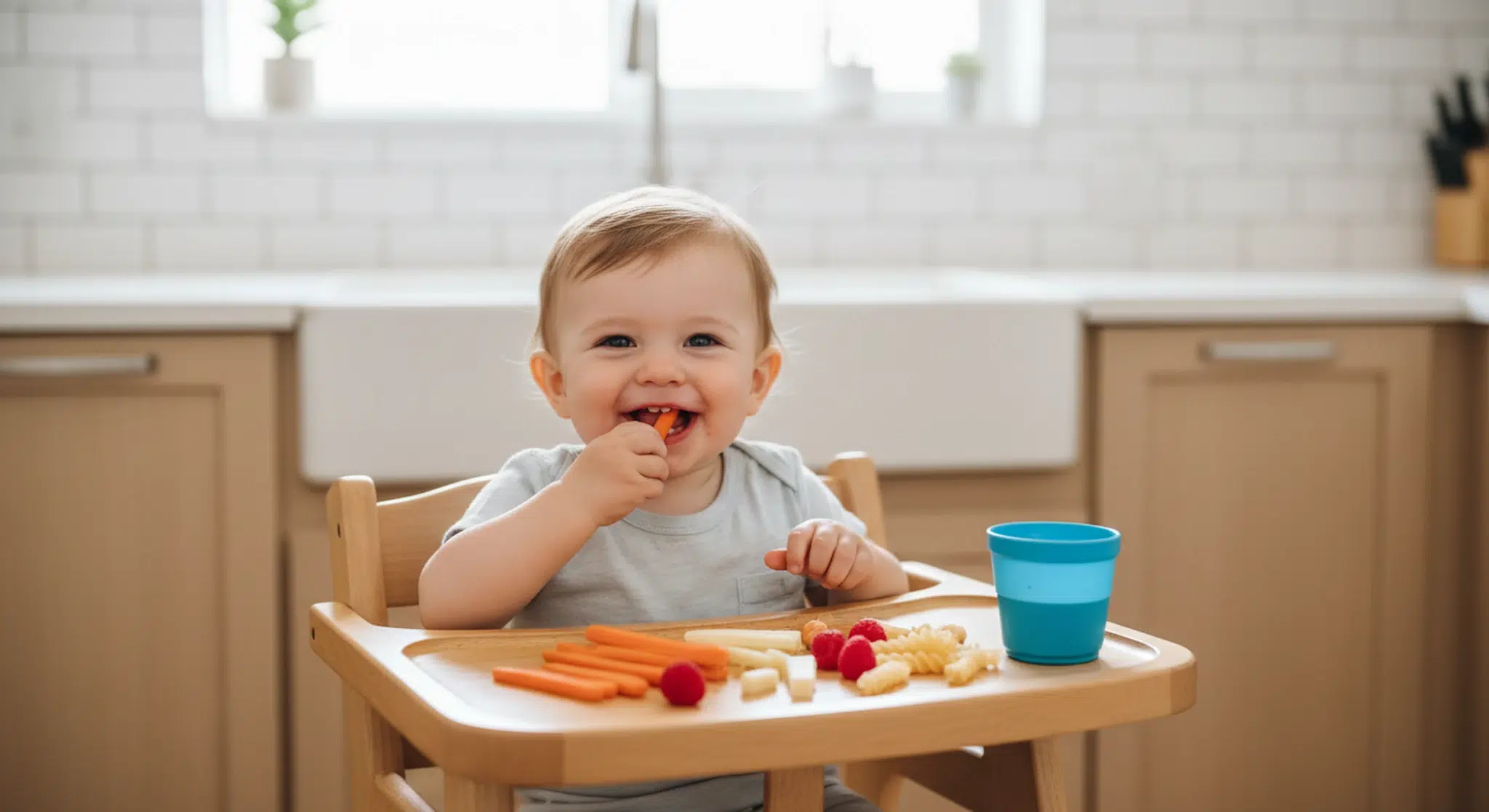 A one-year-old toddler self-feeding soft finger foods in a high chair