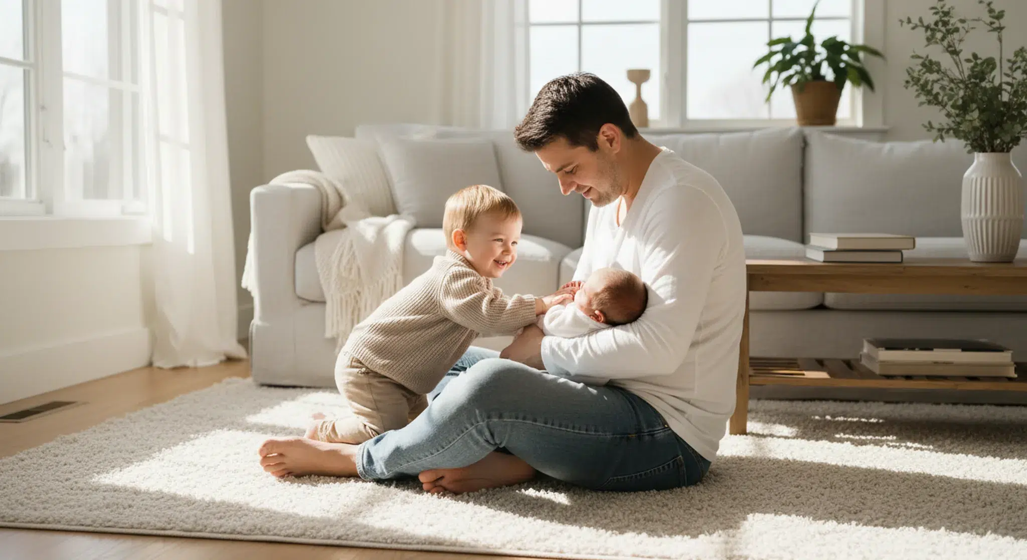 A parent holding a newborn while a smiling toddler leans in beside them on a living room floor