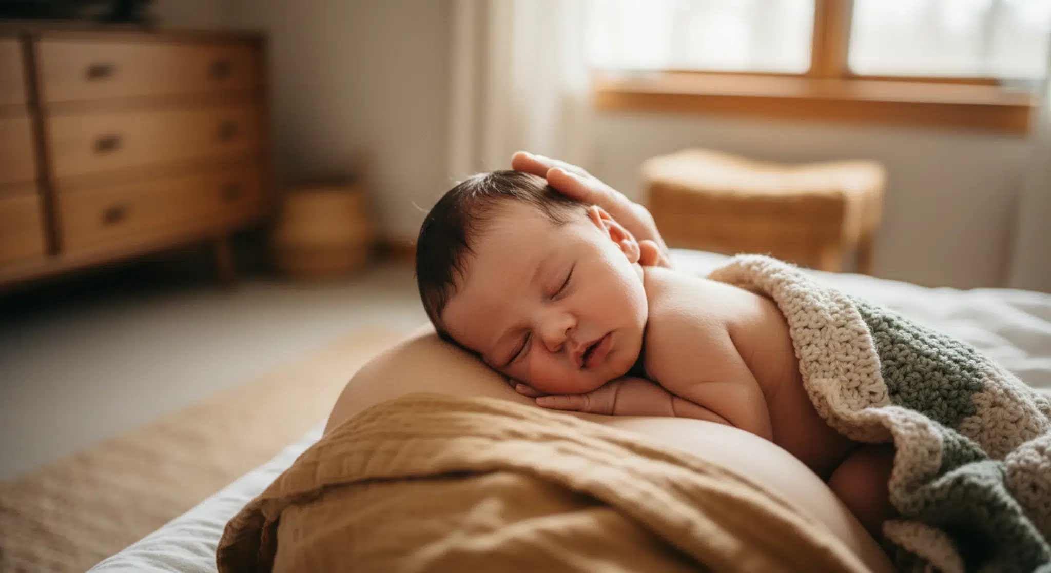 A parent holding a peaceful two week old newborn baby skin-to-skin