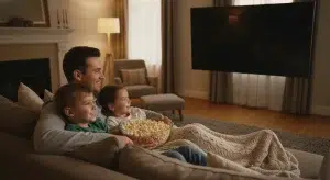 Parent and two children snuggled on a couch watching television together with popcorn