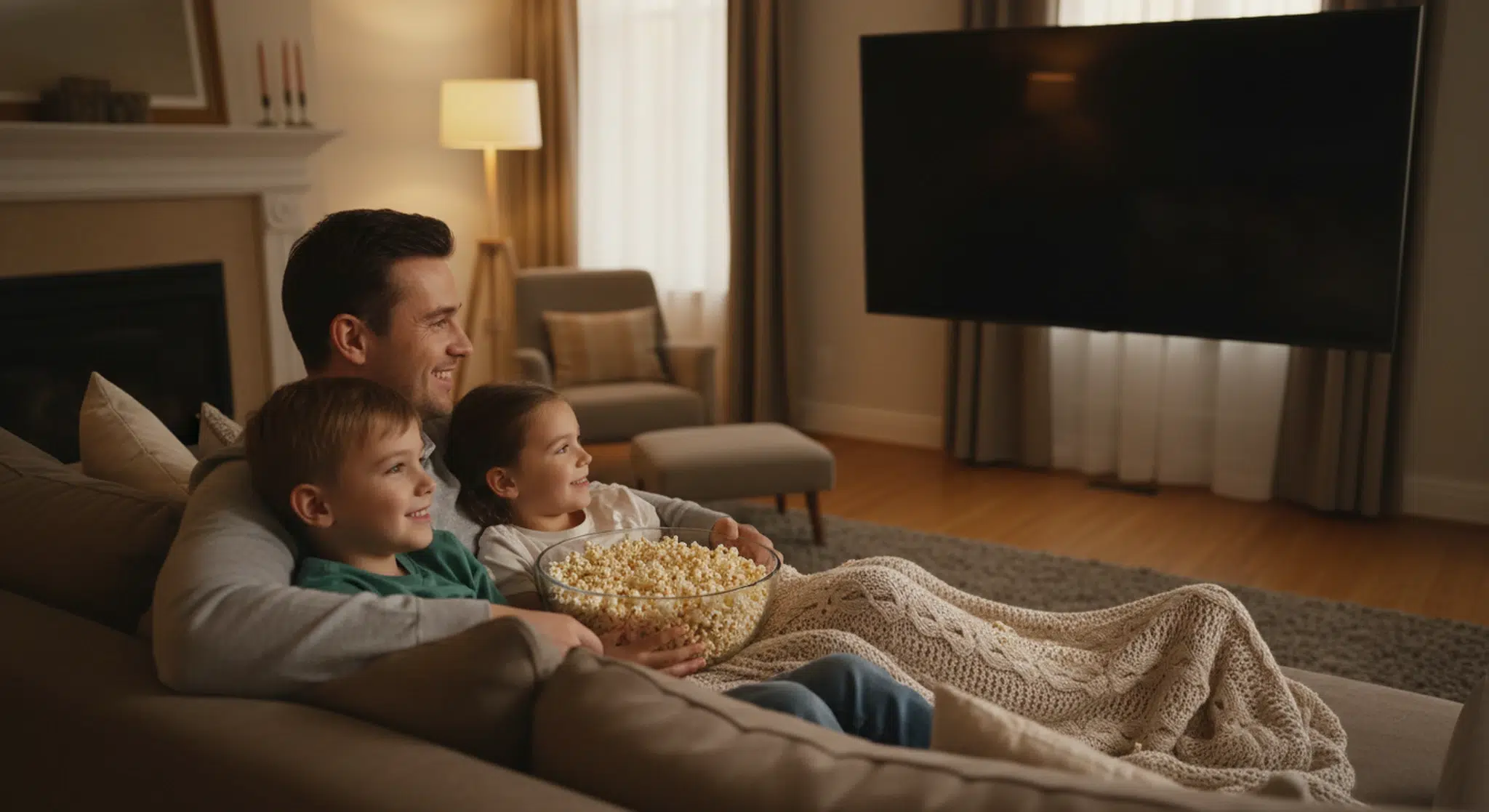 Parent and two children snuggled on a couch watching television together with popcorn