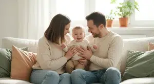 Two parents sitting on a sunlit couch hugging their smiling toddler between them in a bright, calm living room