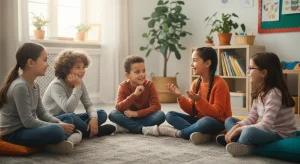 A group of children sitting in a circle sharing answers to all about me questions
