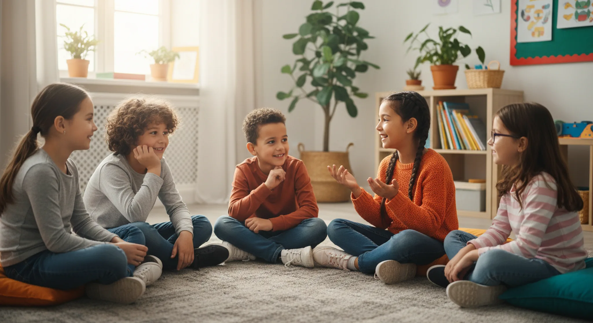 A group of children sitting in a circle sharing answers to all about me questions