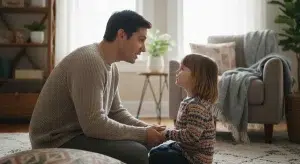 A parent kneeling to talk calmly and kindly with their young child