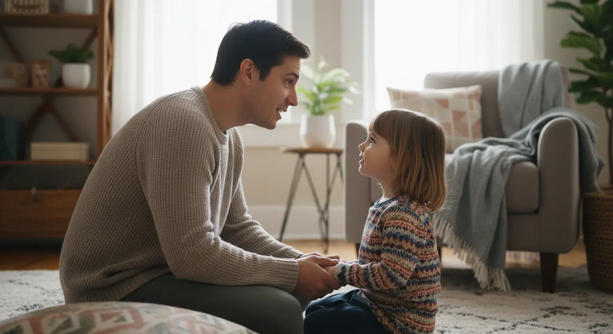 A parent kneeling to talk calmly and kindly with their young child