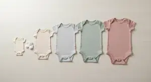 Baby bodysuits laid out from smallest to largest to show baby clothes sizes