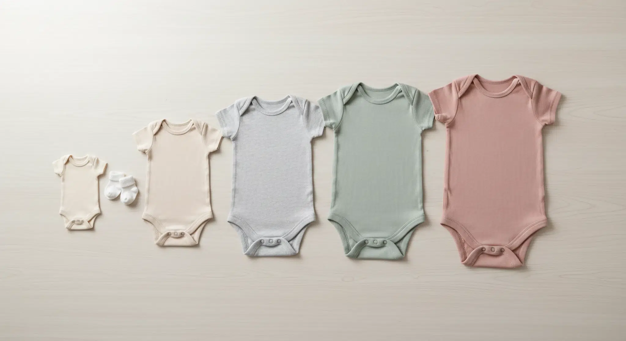 Baby Clothes Size Chart Newborn to 24 Months by Weight and Height | Betteroo Baby bodysuits laid out from smallest to largest to show baby clothes sizes