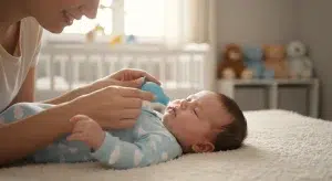 A parent gently using a bulb syringe to relieve a calm baby's stuffy nose