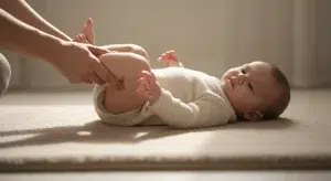 A parent gently bicycling a baby's legs during a tummy massage to help relieve constipation