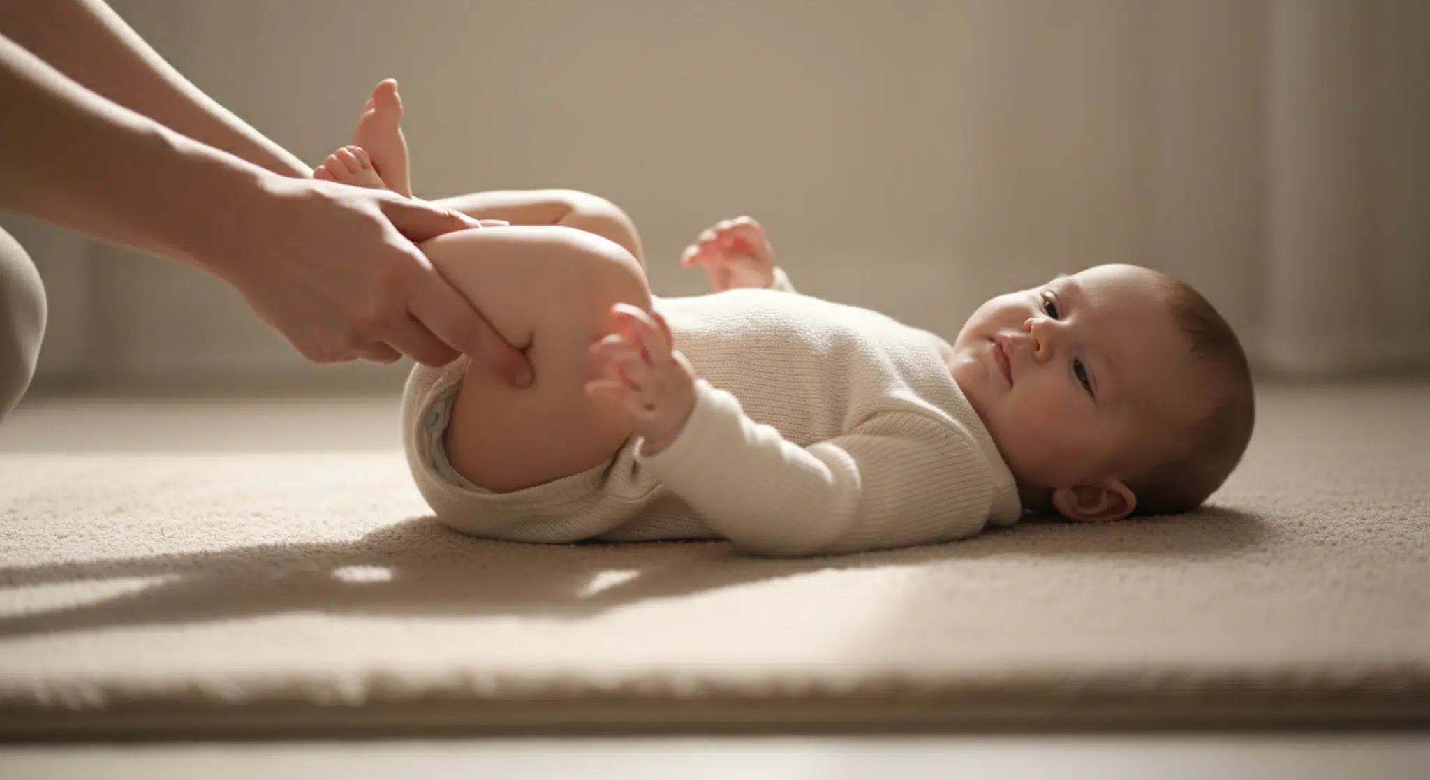 A parent gently bicycling a baby's legs during a tummy massage to help relieve constipation