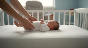 A parent gently lowering a sleeping newborn onto their back in a bare crib