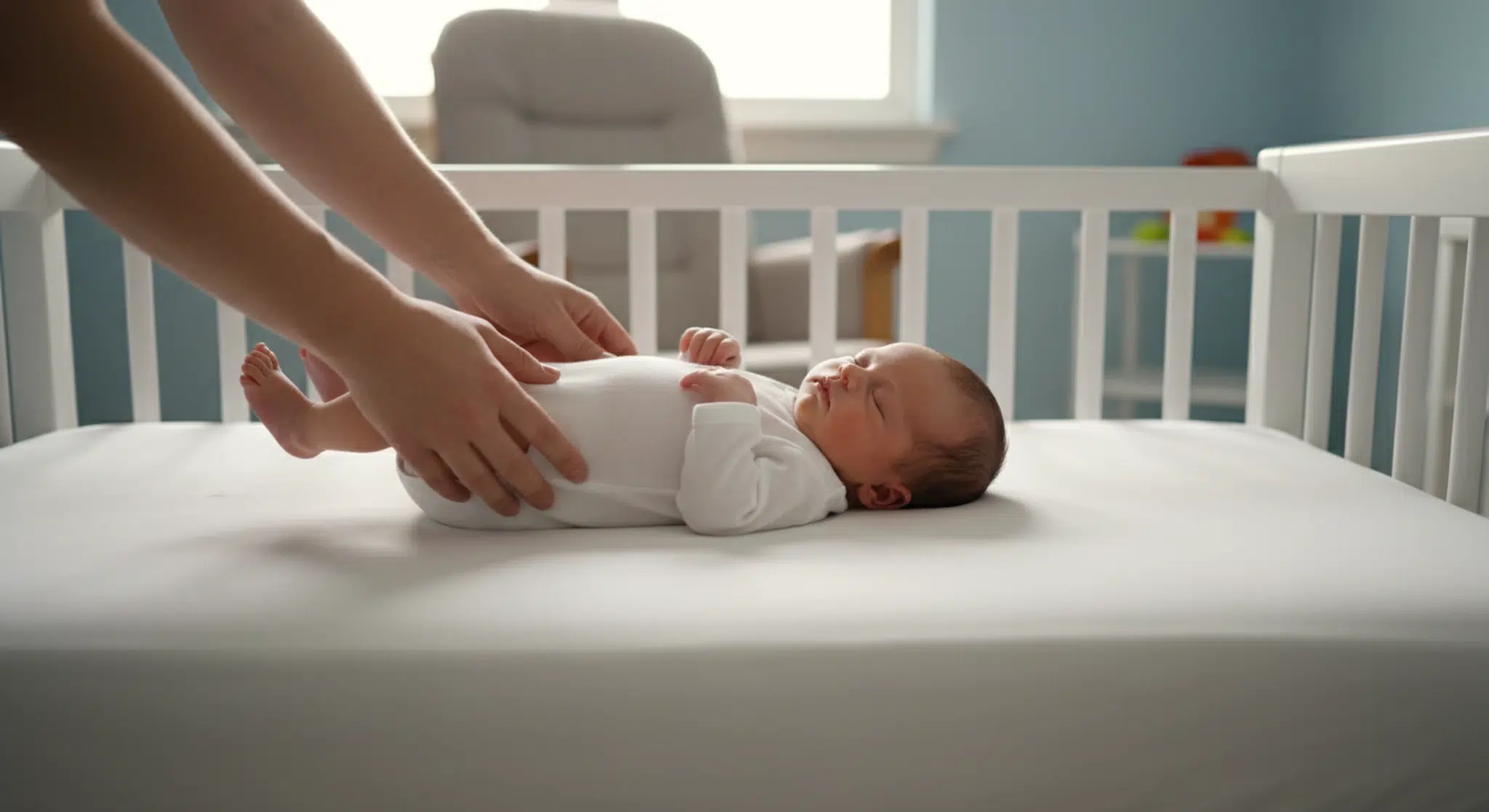 Baby Cries when Put Down Why It Happens and What Helps | Betteroo A parent gently lowering a sleeping newborn onto their back in a bare crib
