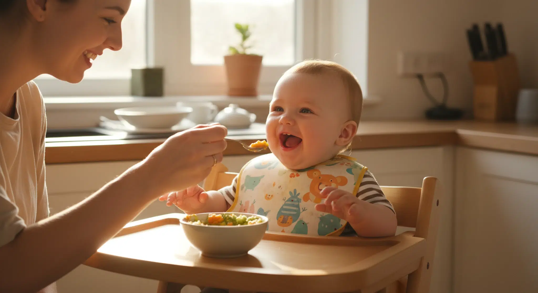 A baby in a high chair being spoon-fed first foods by a parent