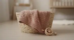 Soft pink knitted blanket folded on a wicker basket beside a wooden rattle in daylight