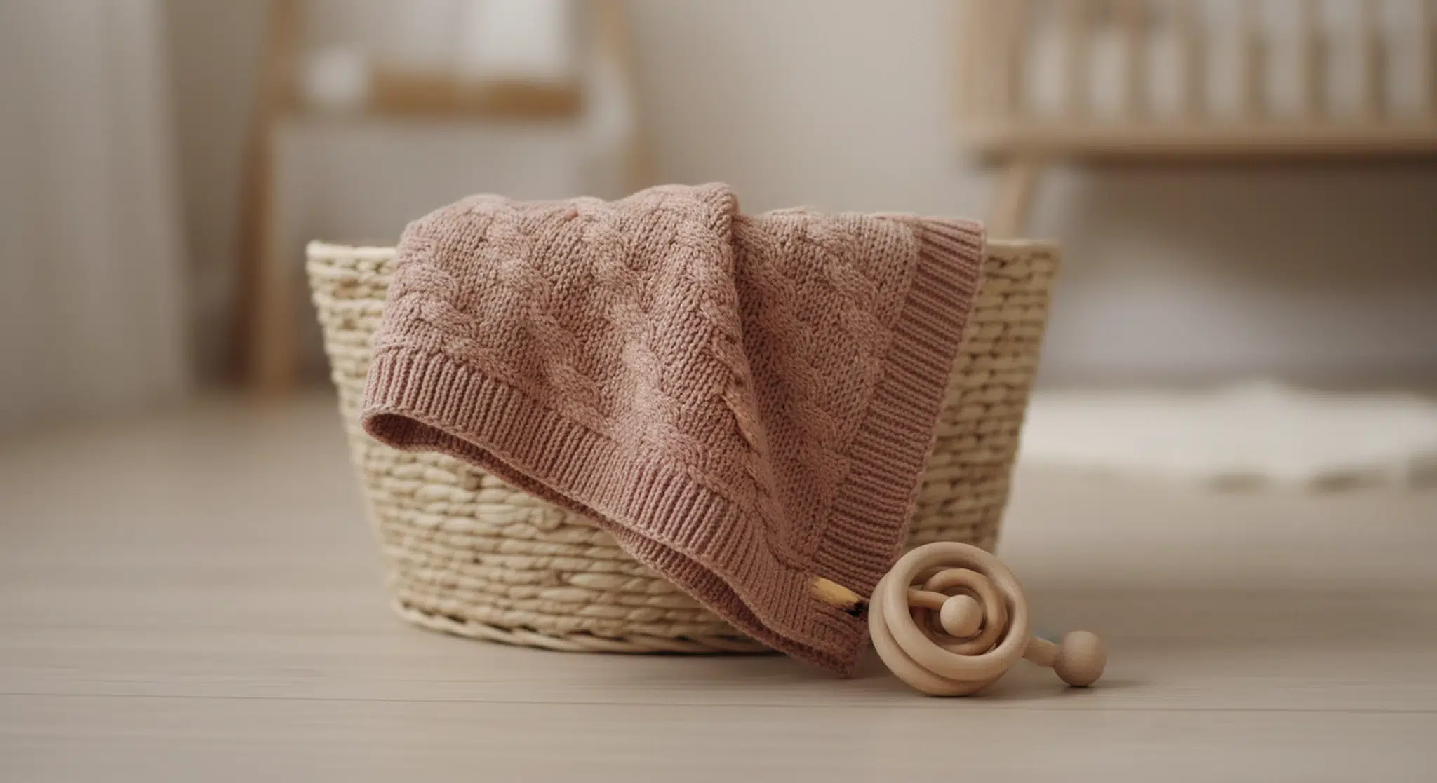 Baby Girl Quotes 55 Lines for Announcements Cards and Captions | Betteroo Soft pink knitted blanket folded on a wicker basket beside a wooden rattle in daylight