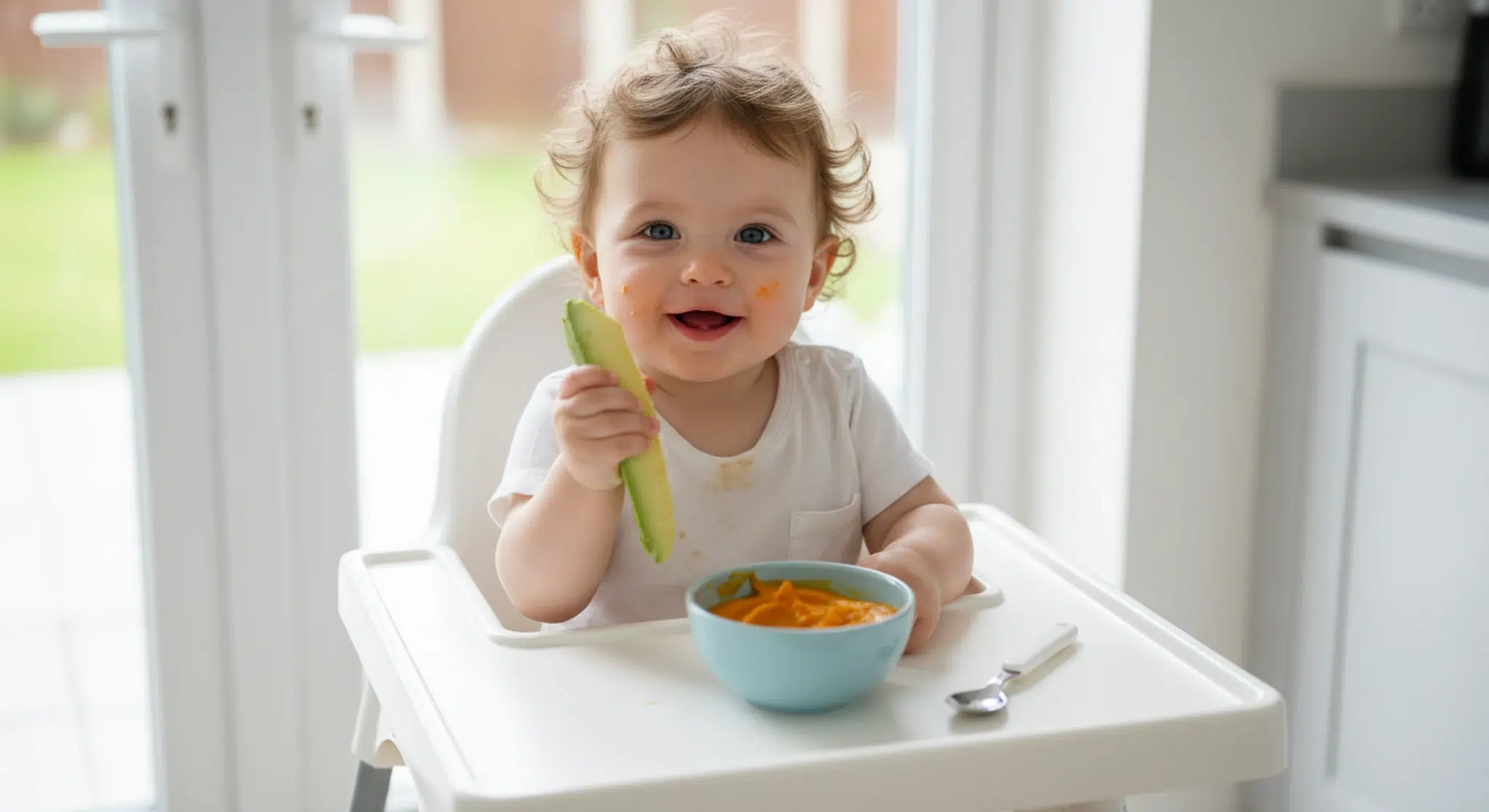 Baby in a high chair holding a strip of avocado next to a bowl of sweet potato puree