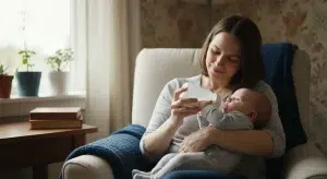 Mother calmly bottle-feeding her baby in a quiet room using paced feeding