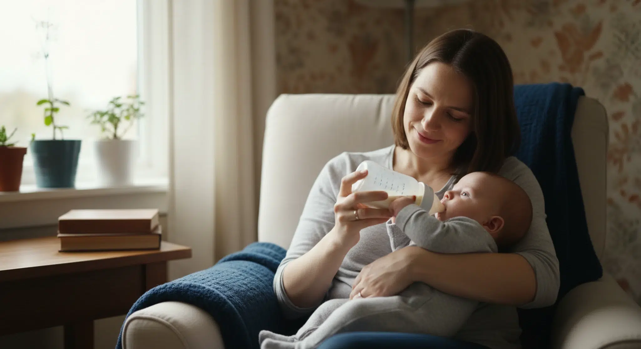 Mother calmly bottle-feeding her baby in a quiet room using paced feeding