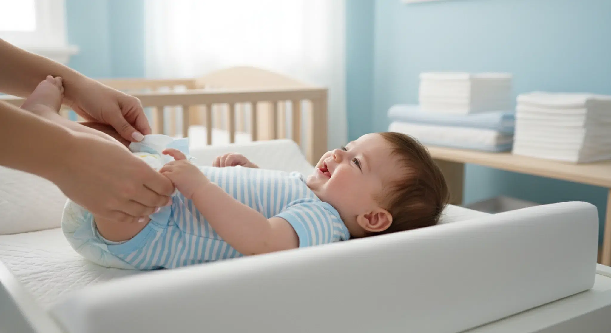 Parent changing a smiling baby's diaper on a changing pad