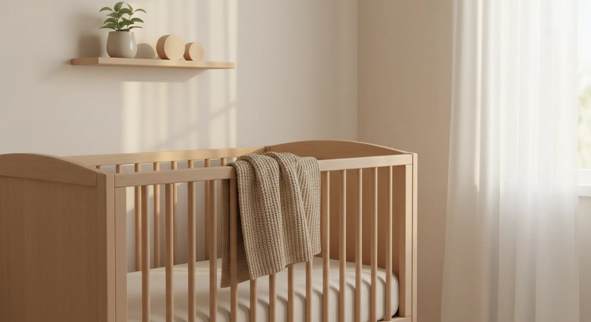 Quiet nursery corner with a wooden cot, folded cream blanket and soft morning light