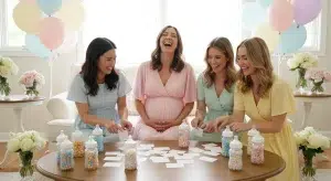 Friends laughing while playing baby shower games around a table with a pregnant guest of honor