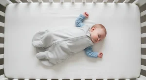 Baby sleeping safely on their back in a bare crib with no pillow or blanket