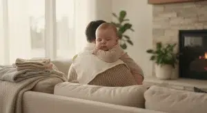 A parent holding a baby upright with a burp cloth after feeding to reduce spit-up