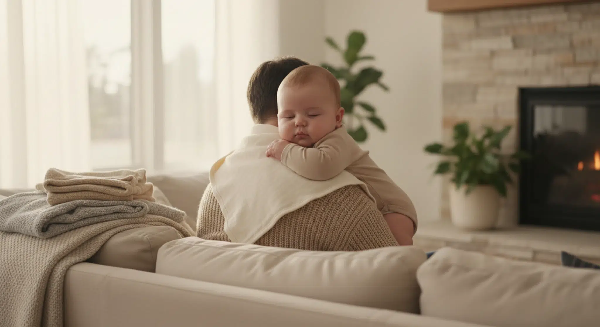 A parent holding a baby upright with a burp cloth after feeding to reduce spit-up
