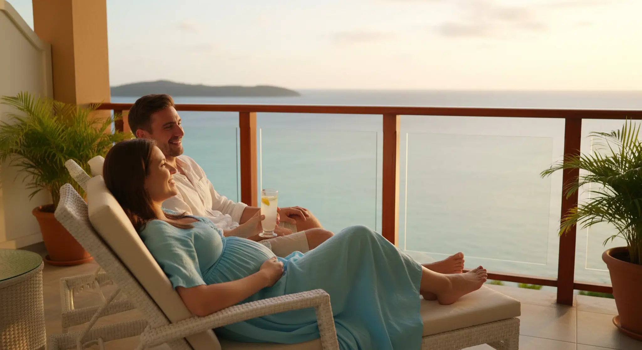 Babymoon What It Is when to Go and Ideas for Every Budget | Betteroo Pregnant woman and her partner lounge on a balcony with an ocean view at sunset, holding a lemonade and smiling.