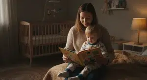 Bedtime Stories for Kids Best Books Tips and How to Read Them | Betteroo Mother sits on a bed reading a colorful children's book to her toddler in a softly lit bedroom, a crib visible in the background.