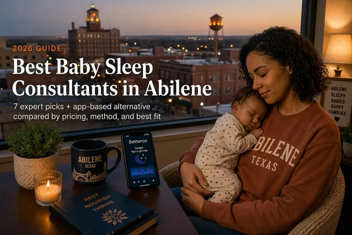 Mother and sleeping baby by a window over downtown Abilene, baby sleep consultants in Abilene guide