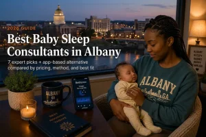 Sleeping baby held by a window over the Flint River, southwest Georgia, illustrating baby sleep consultants in Albany