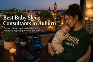 Mother and sleeping baby by a window over the Auburn clock tower, baby sleep consultants in Auburn